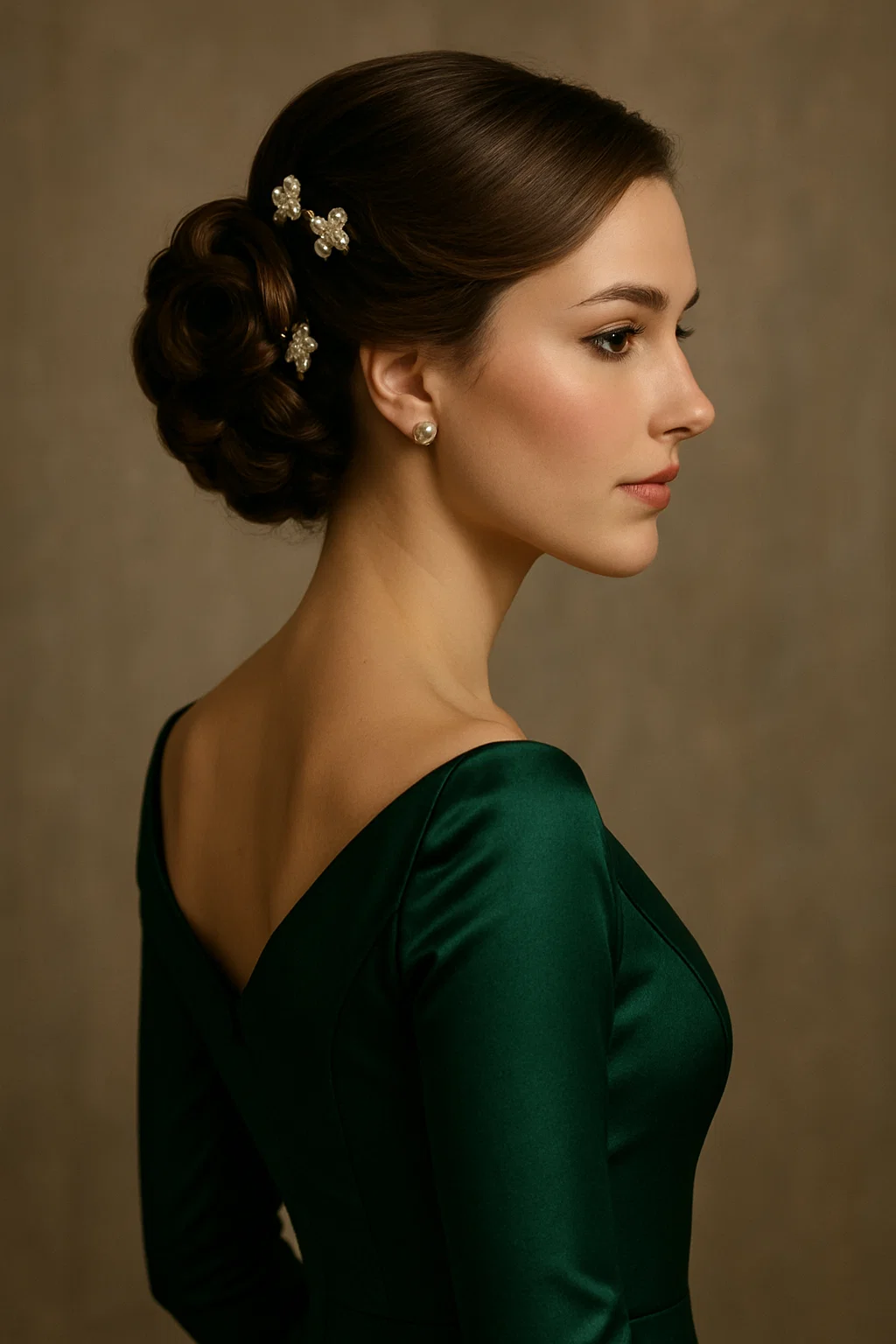 an elegant portrait of a woman with a neatly styled curled bun, secured with decorative pins for a refined