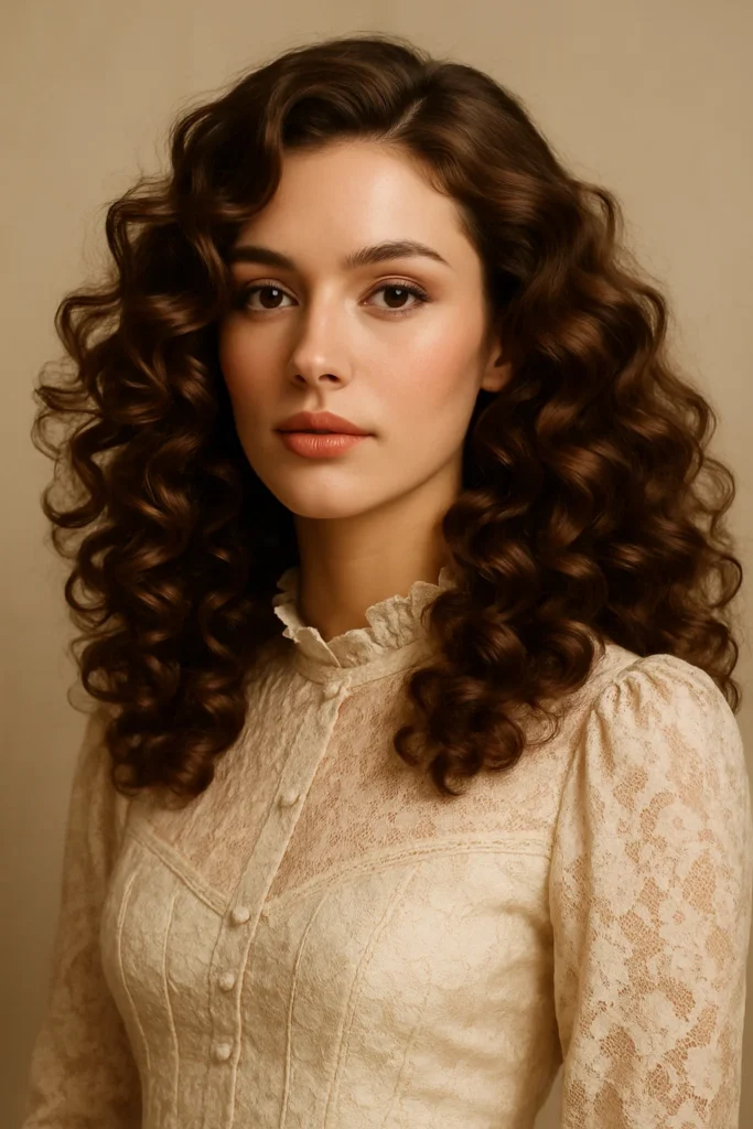 Woman with voluminous bouncy curls flowing over shoulders for a glamorous holiday look