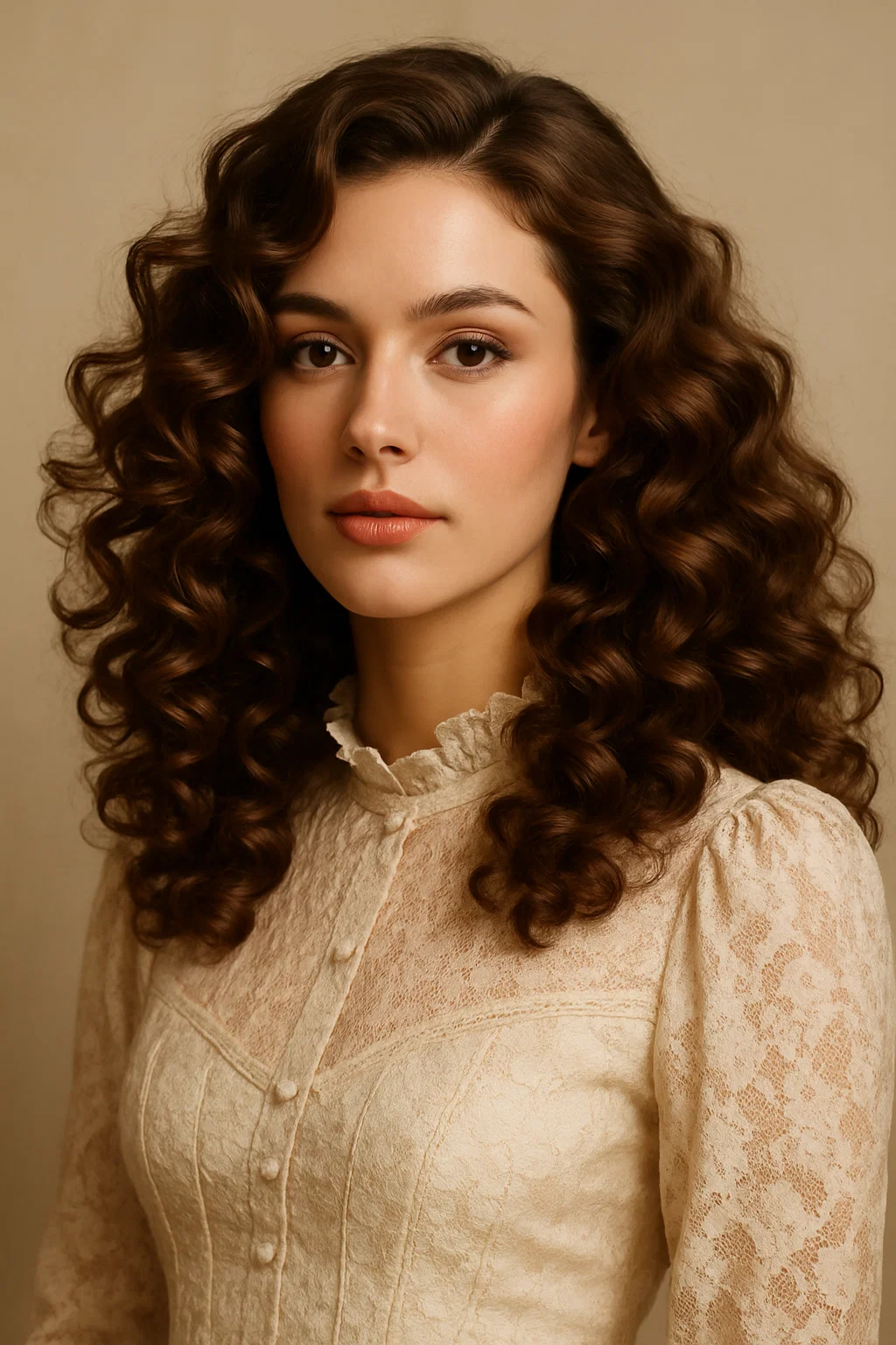 an elegant portrait of a woman with voluminous, bouncy curls flowing over her shoulders