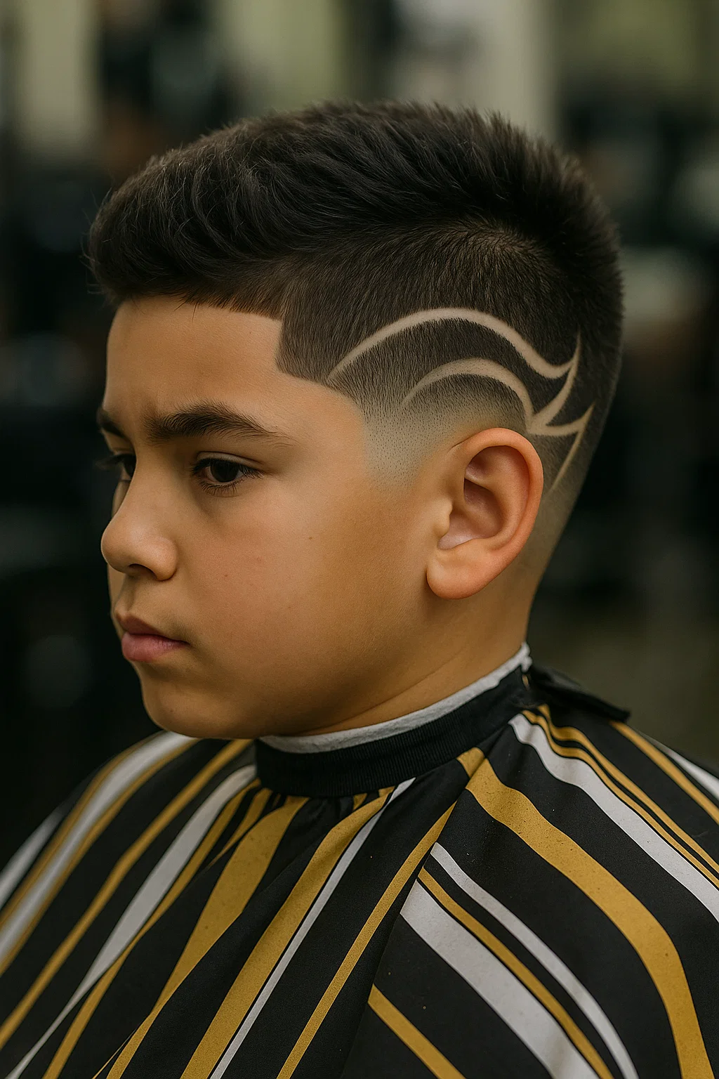 an eye-catching image of a boy getting a burst fade with a custom design shaved in.