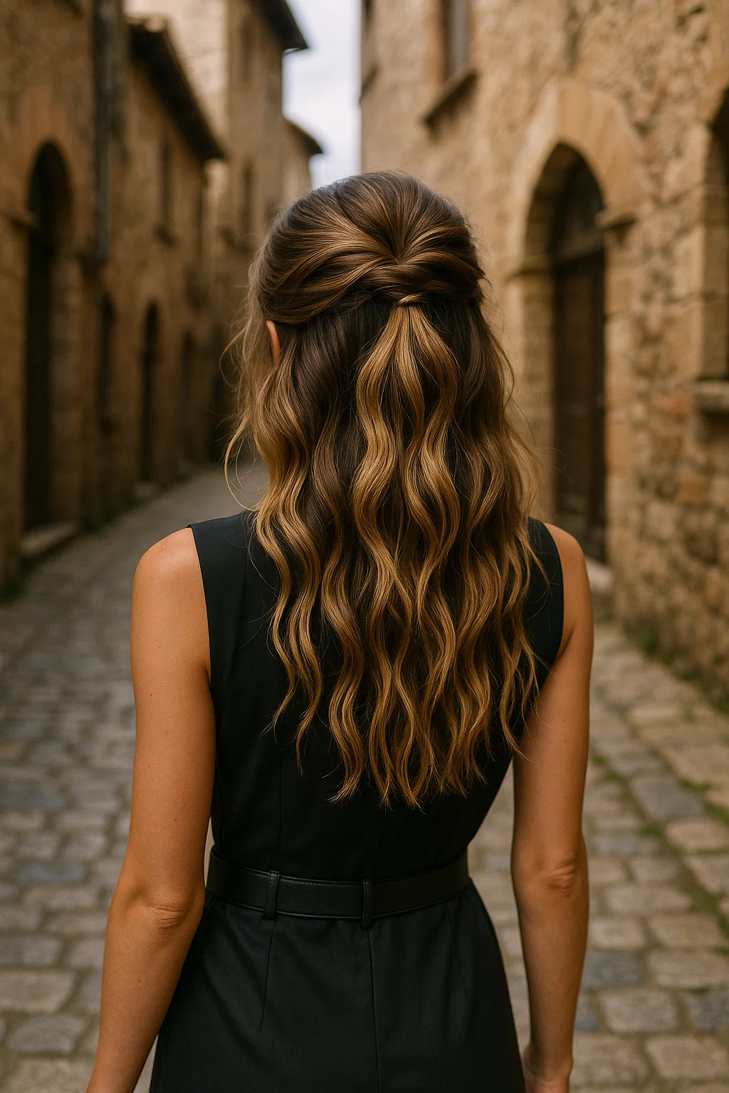 an image of a beachy waves half-up hairstyle.
