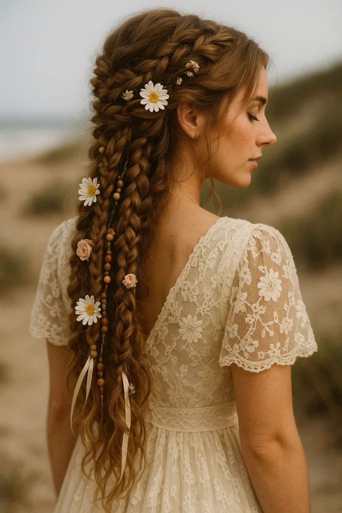 Boho braided hairstyle with loose texture and romantic appeal