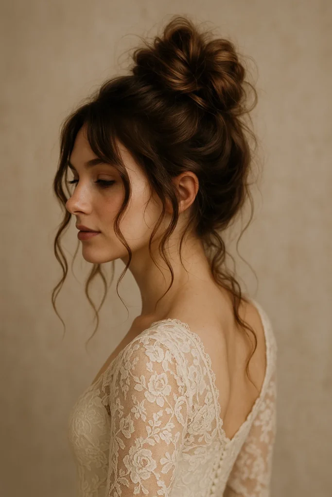 Chic messy high bun hairstyle for a modern reception look
