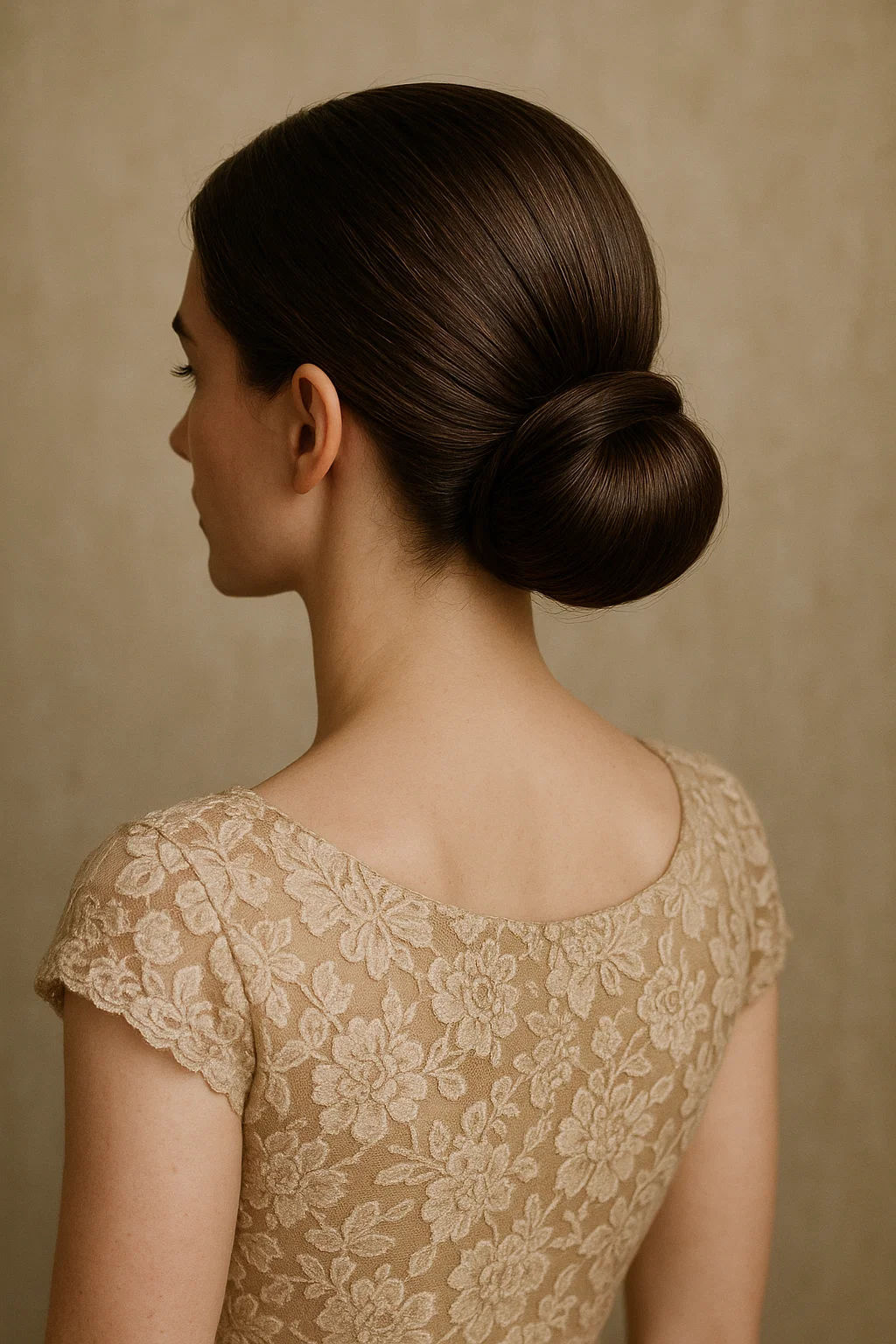 an image of a classic, polished low bun for wedding guests.