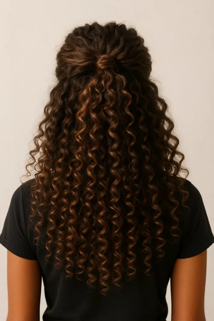 Curly half-up, half-down hairstyle showcasing natural texture and volume