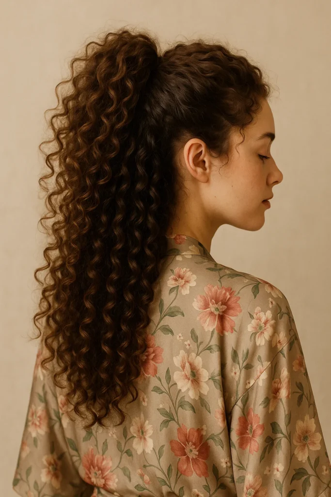 Curly ponytail half-up hairstyle with natural texture and movement
