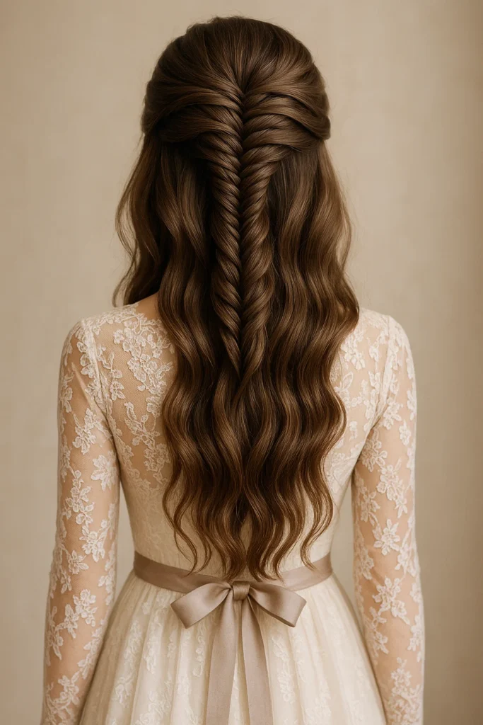 Fishtail braid half-up hairstyle with intricate, textured braid detail