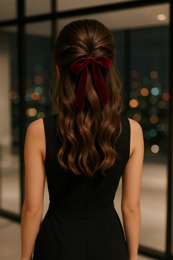 an image of a half-up hairstyle adorned with a ribbon.