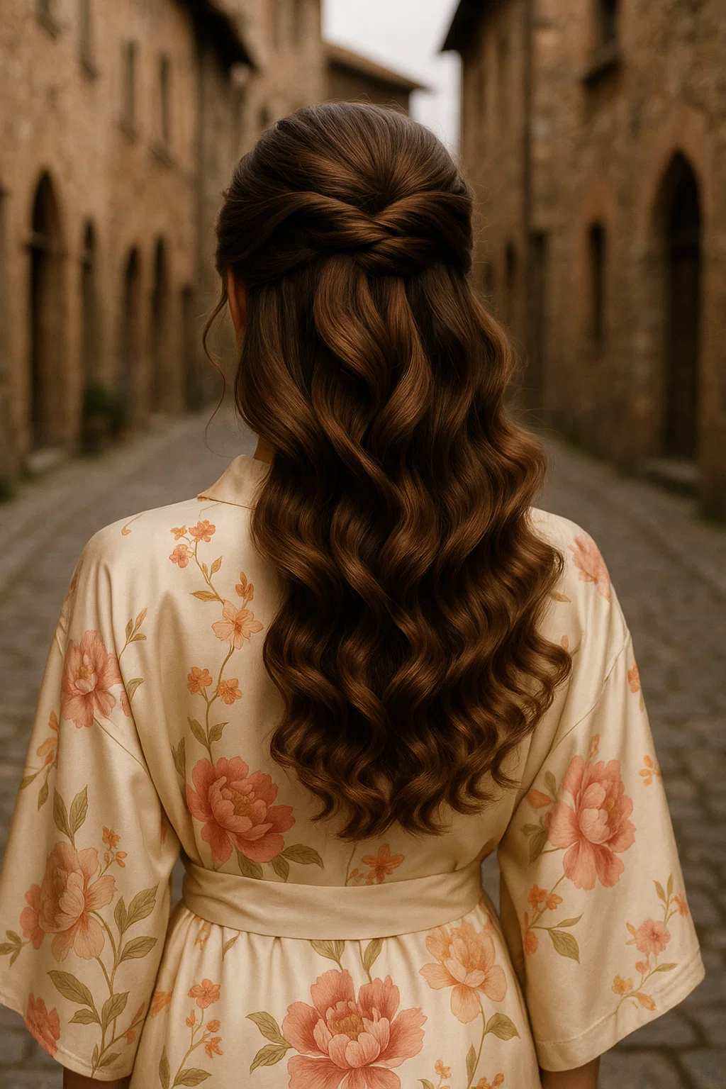 an image of a half-up hairstyle with soft curls.