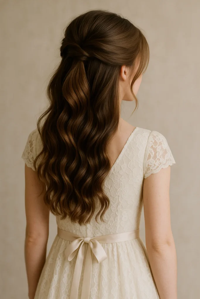 Half-up hairstyle featuring soft, romantic waves throughout