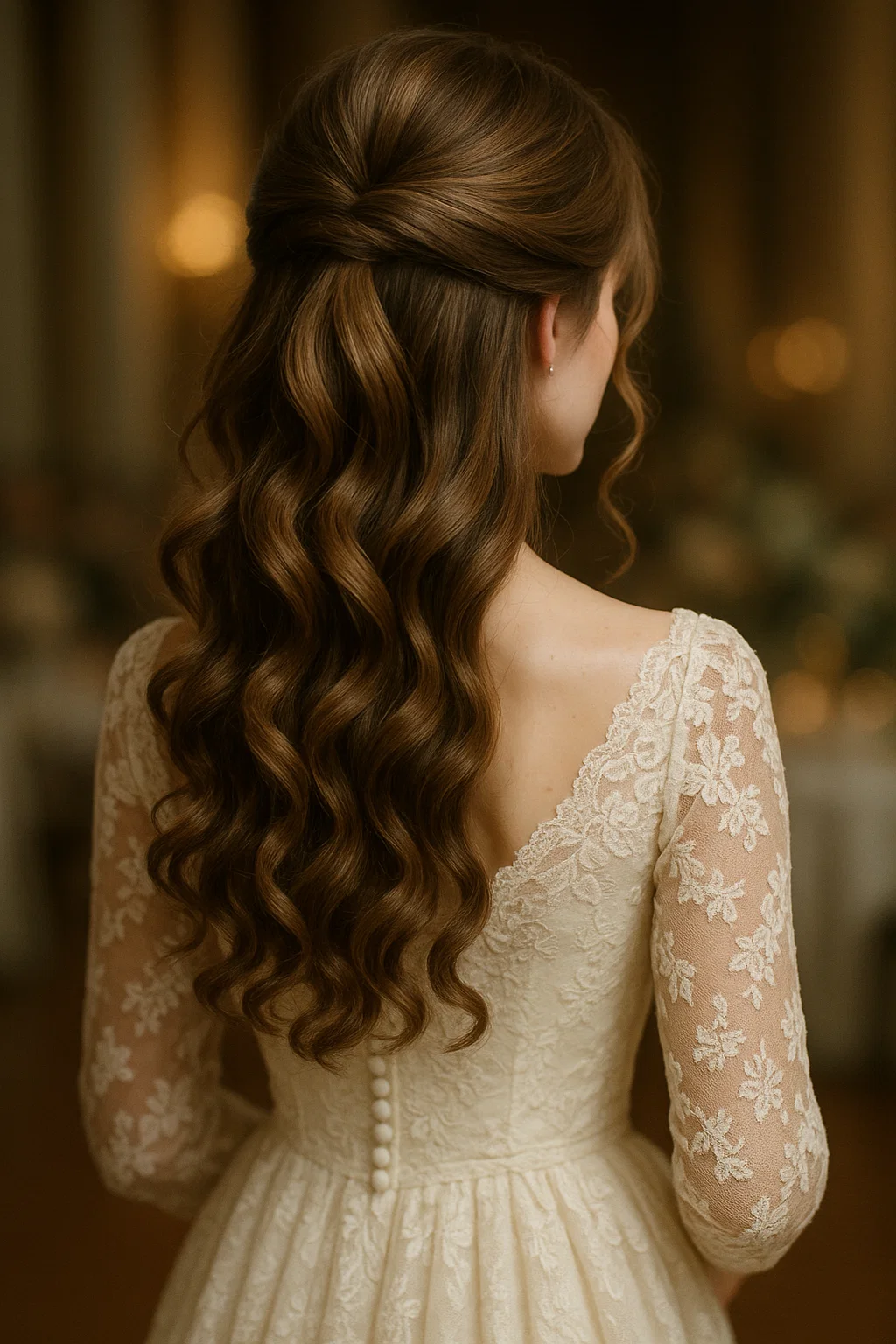 an image of a half-up, half-down hairstyle with curled waves