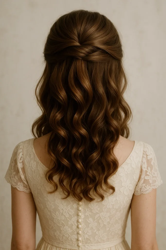 Half up half down hairstyle with soft curls and romantic styling