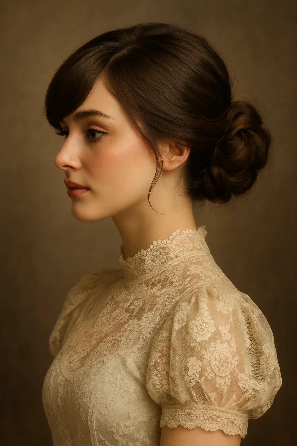 an image of a low chignon combined with a side-swept fringe.