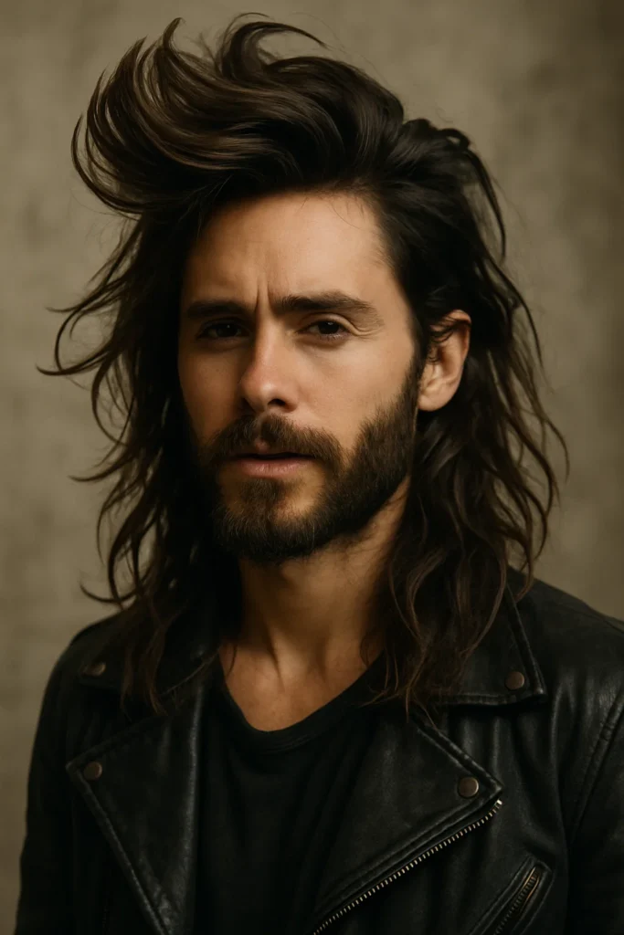 Man with long wavy hair styled into dramatic textured quiff with pronounced movement and volume