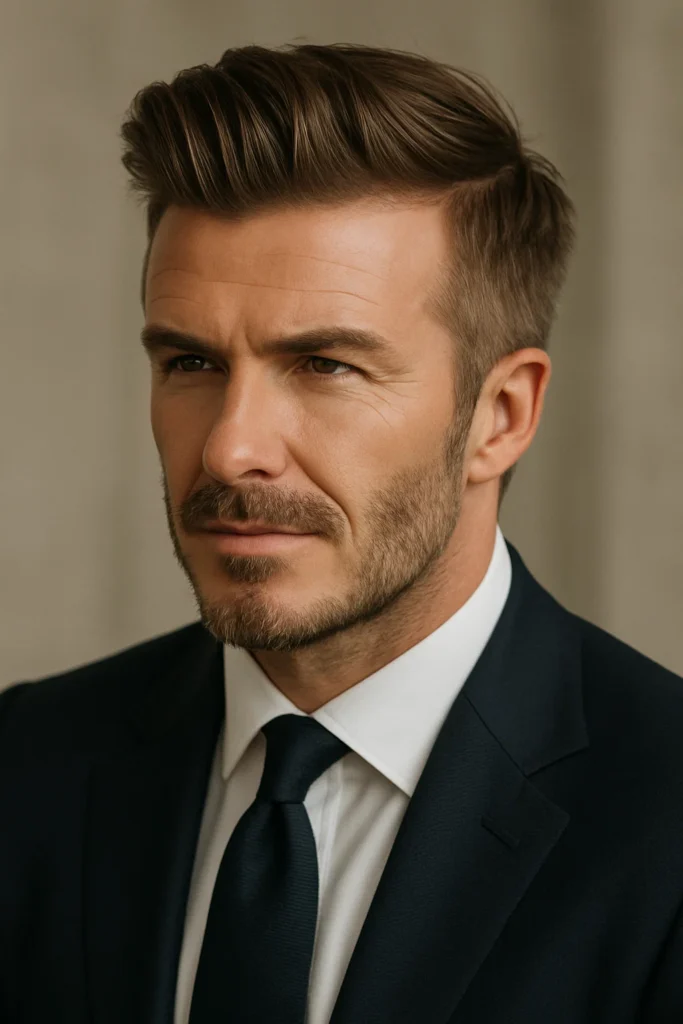 Man with short hair styled into sleek and defined side-swept quiff with sharp lines
