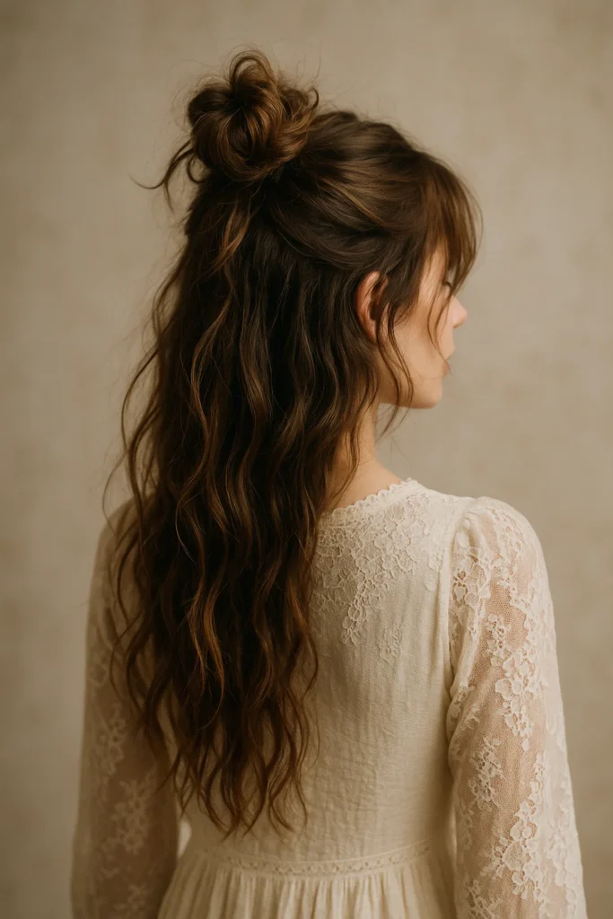 Relaxed messy half-up bun with textured, carefree appearance