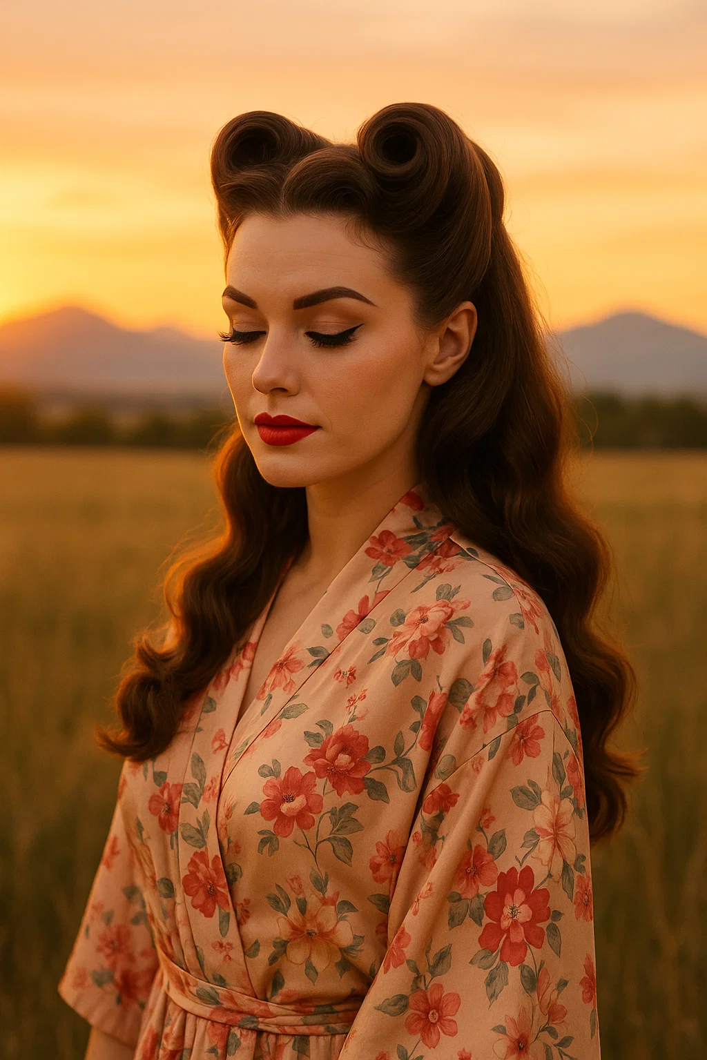 an image of a retro half-up hairstyle with victory rolls.