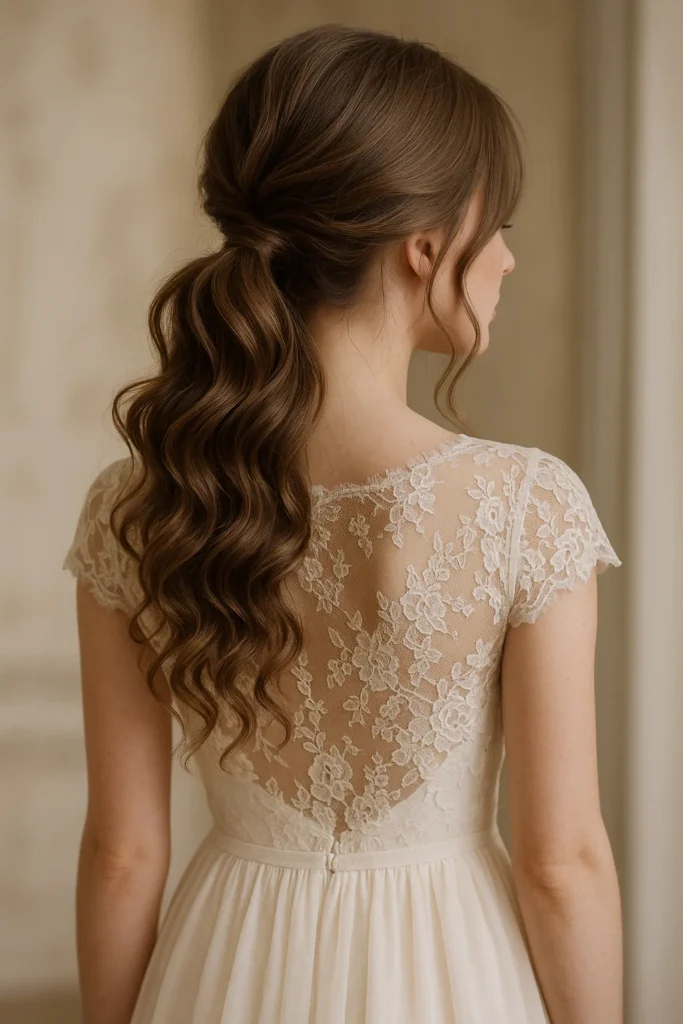 an image of a romantic low ponytail styled with soft curls.