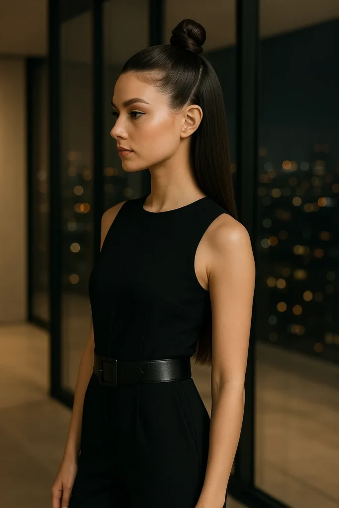 Polished half-up top knot with smooth, refined styling