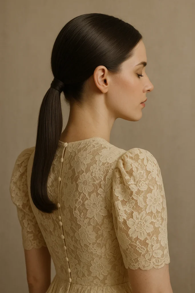 Sleek low ponytail hairstyle with polished, refined appearance