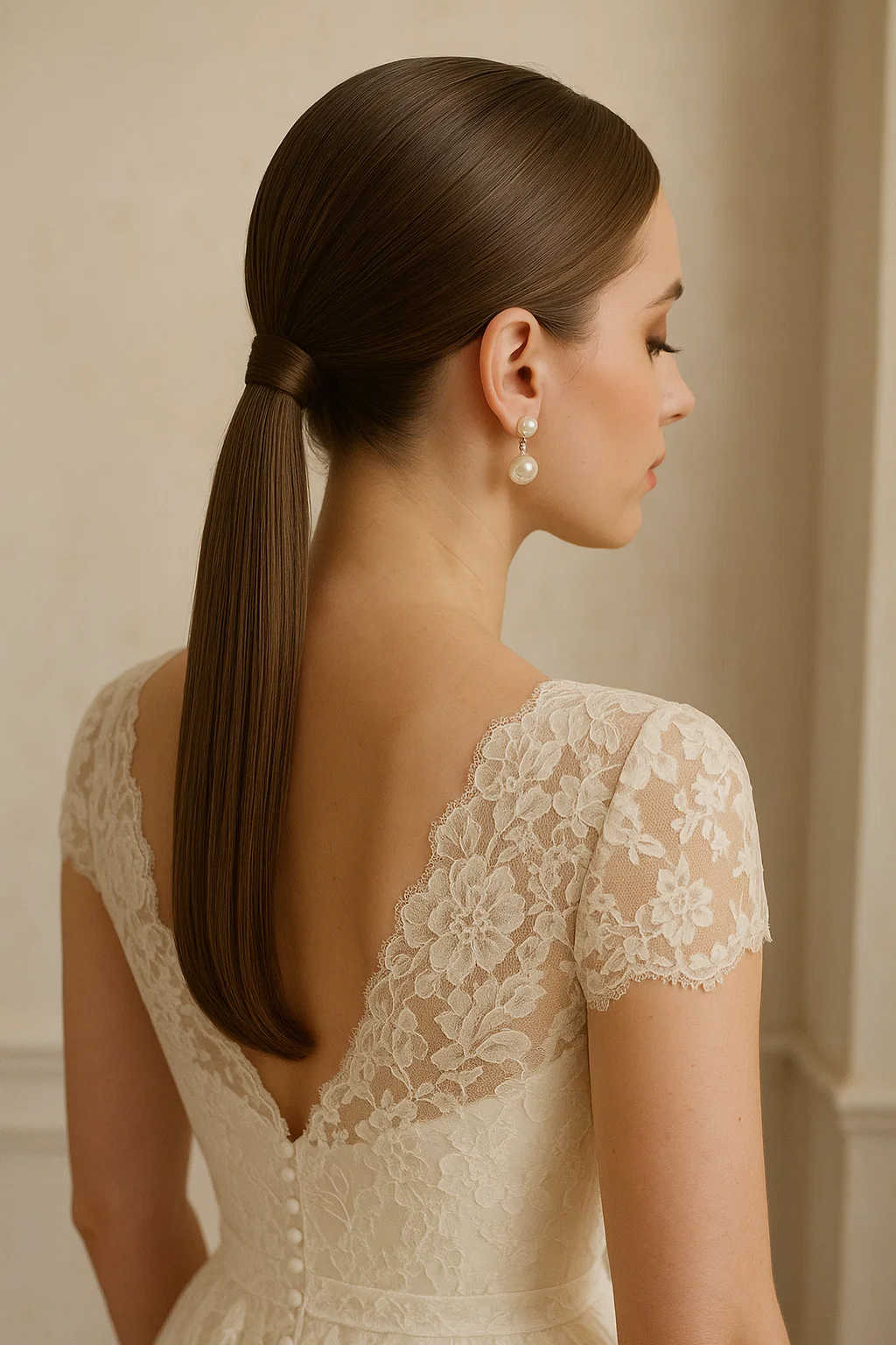 an image of a sleek, low ponytail hairstyle for a wedding