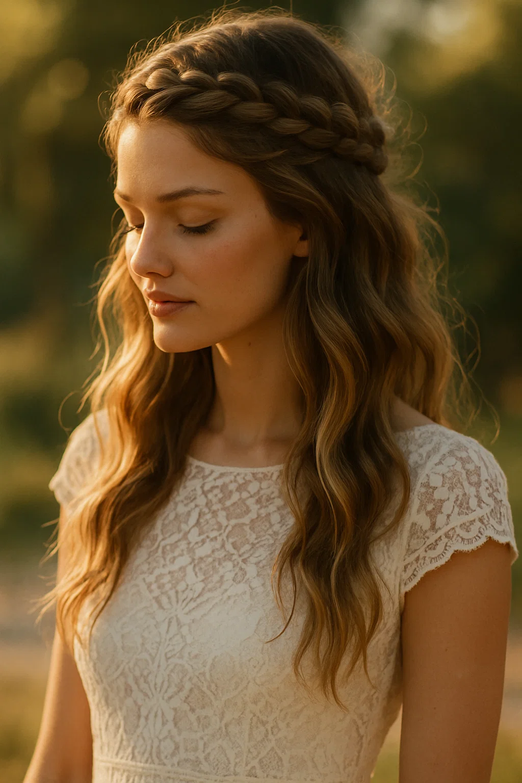 an image of a woman with a braided crown, with the rest of her hair styled in soft beach waves.