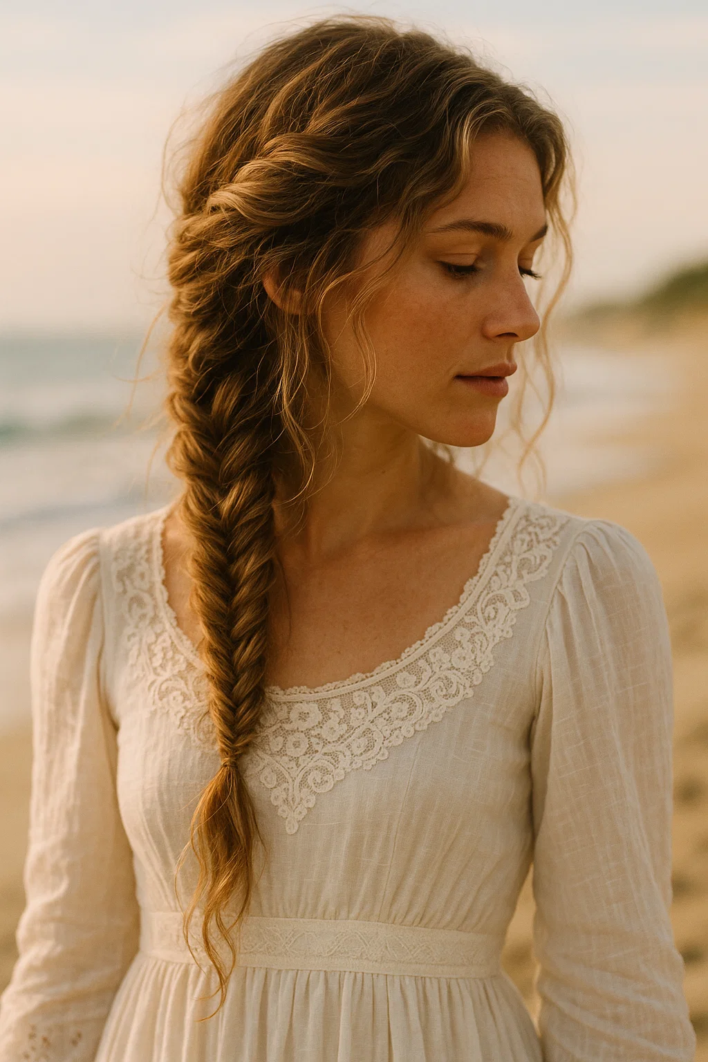 an image of a woman with a fishtail braid on the side of her head. Her hair is loosely styled