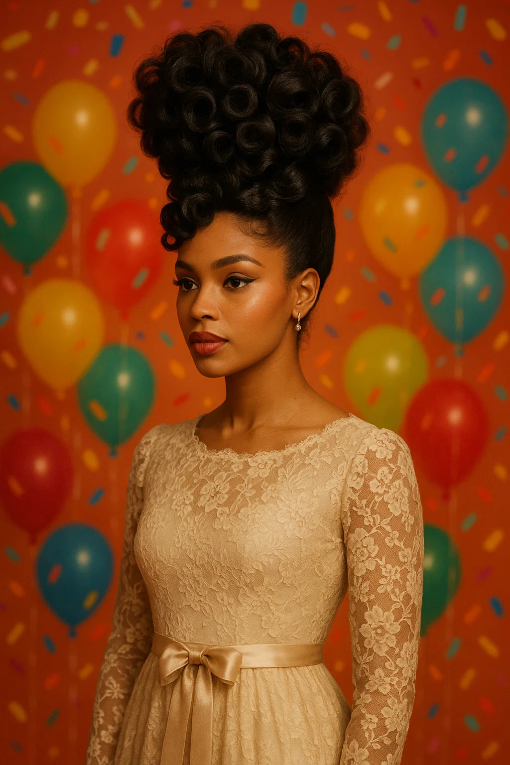 an image of a woman with a high-volume curly puff, styled with bold, dramatic curls that create a retro-inspired look.