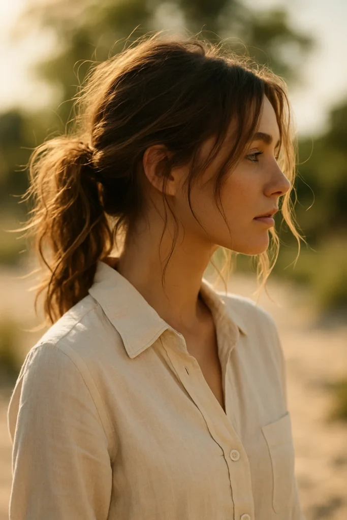 Woman with low, messy beachy ponytail featuring tousled and textured hair