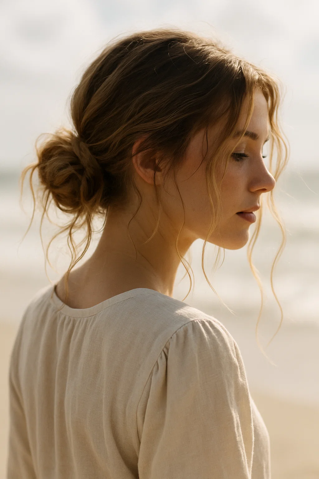 an image of a woman with a low, textured bun. Some strands should be left loose, adding to the relaxed