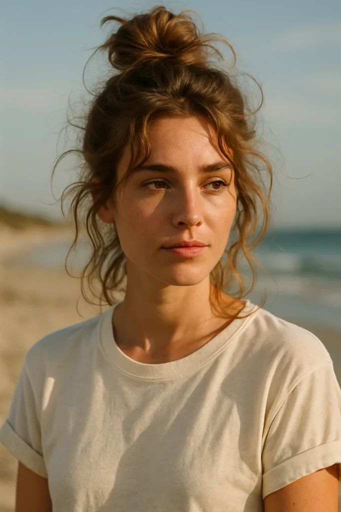 an image of a woman with a messy top knot. Her hair should be styled loosely