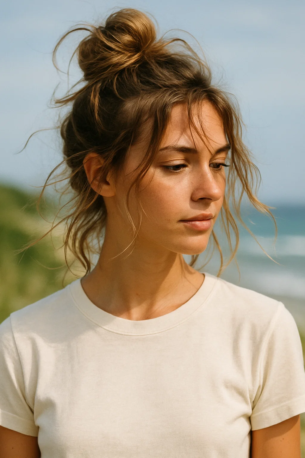 an image of a woman with a messy, tousled beach bun. Her hair is loosely gathered on top of her head