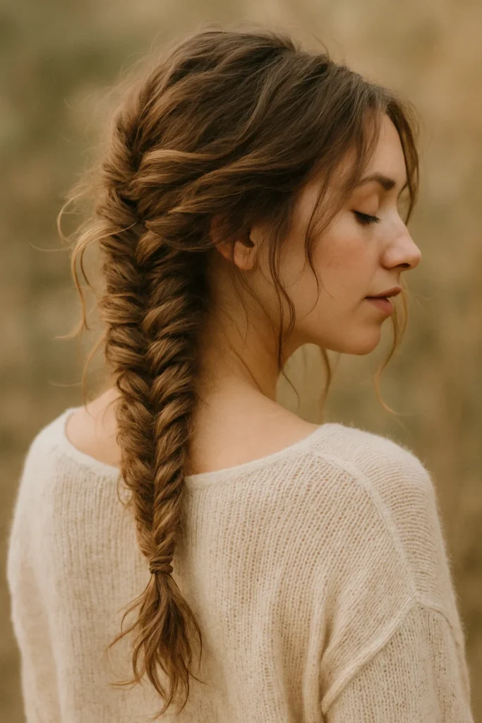Woman with a relaxed messy fishtail braid perfect for casual holiday events