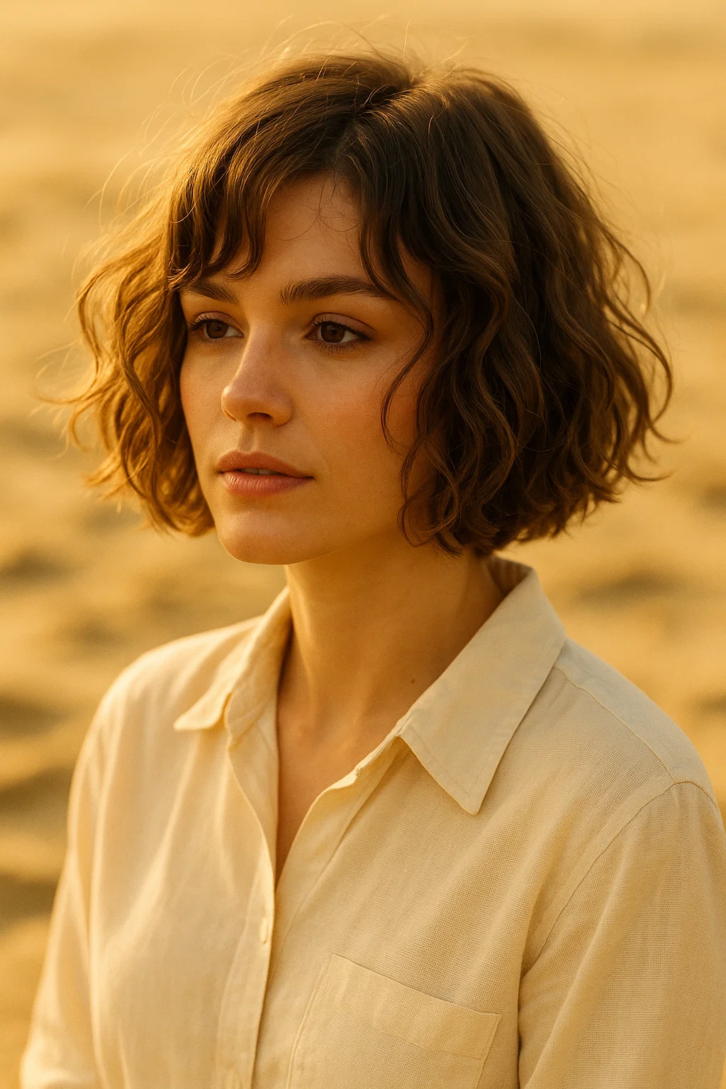 an image of a woman with a short bob haircut, styled in soft, beachy curls. Her hair should have a tousled
