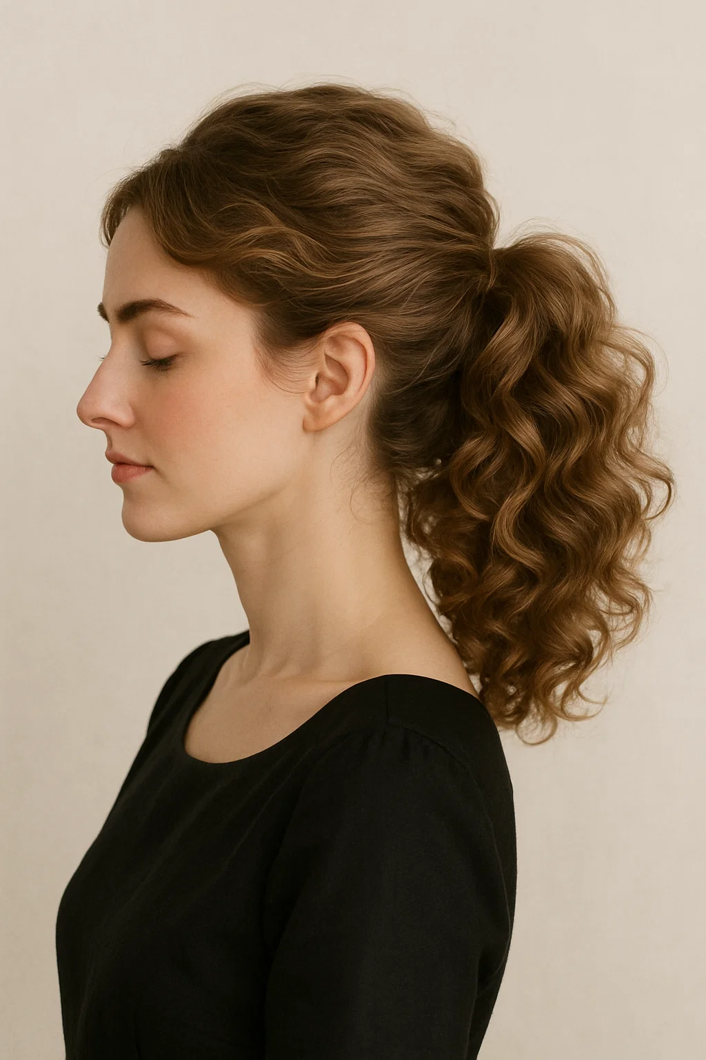 an image of a woman with a soft, curly ponytail. The curls should be gentle, adding volume to the ponytail