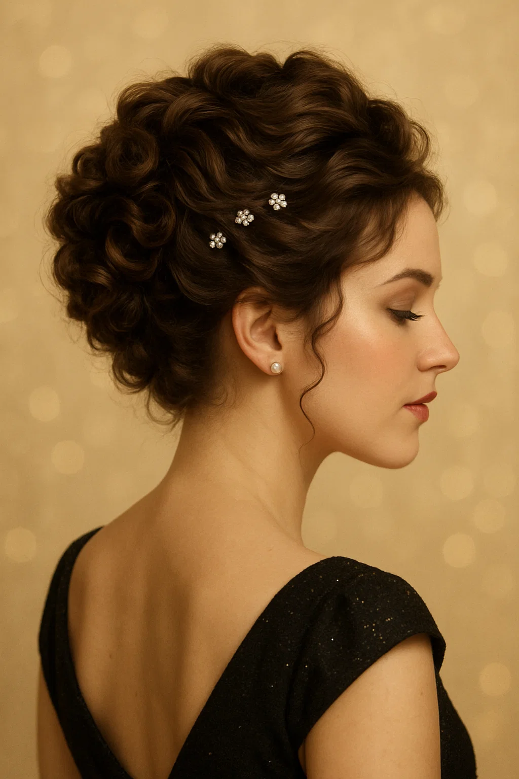 an image of a woman with a sophisticated curly updo for a formal holiday event. Include soft curls pinned elegantly at the crown and adorned with subtle hairpins.