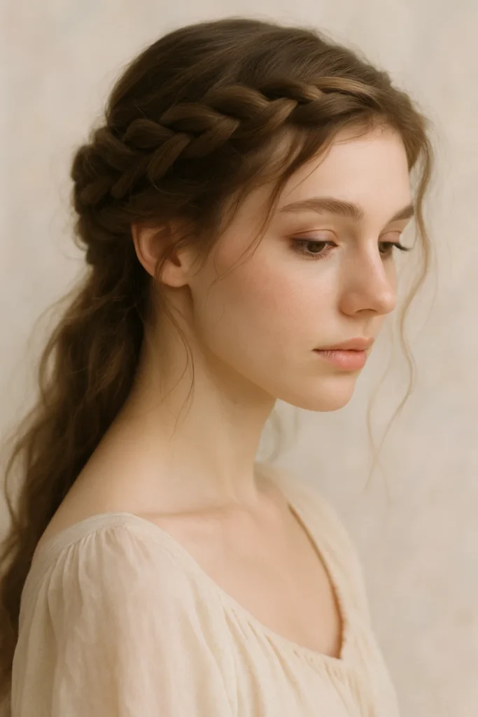 an image of a woman with a twisted braid, giving her a graceful, ethereal look. The braid should wrap around her head