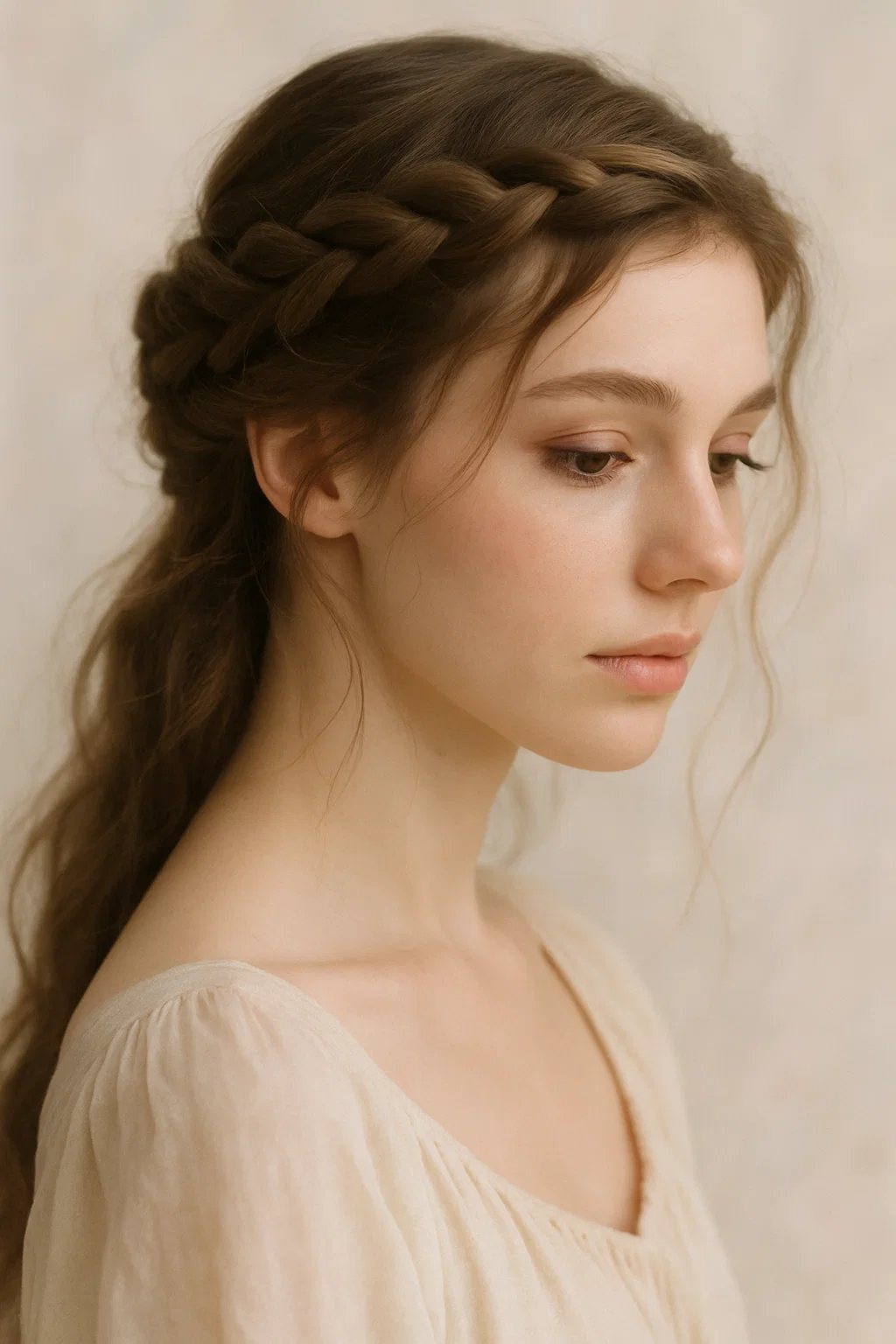 an image of a woman with a twisted braid, giving her a graceful, ethereal look. The braid should wrap around her head