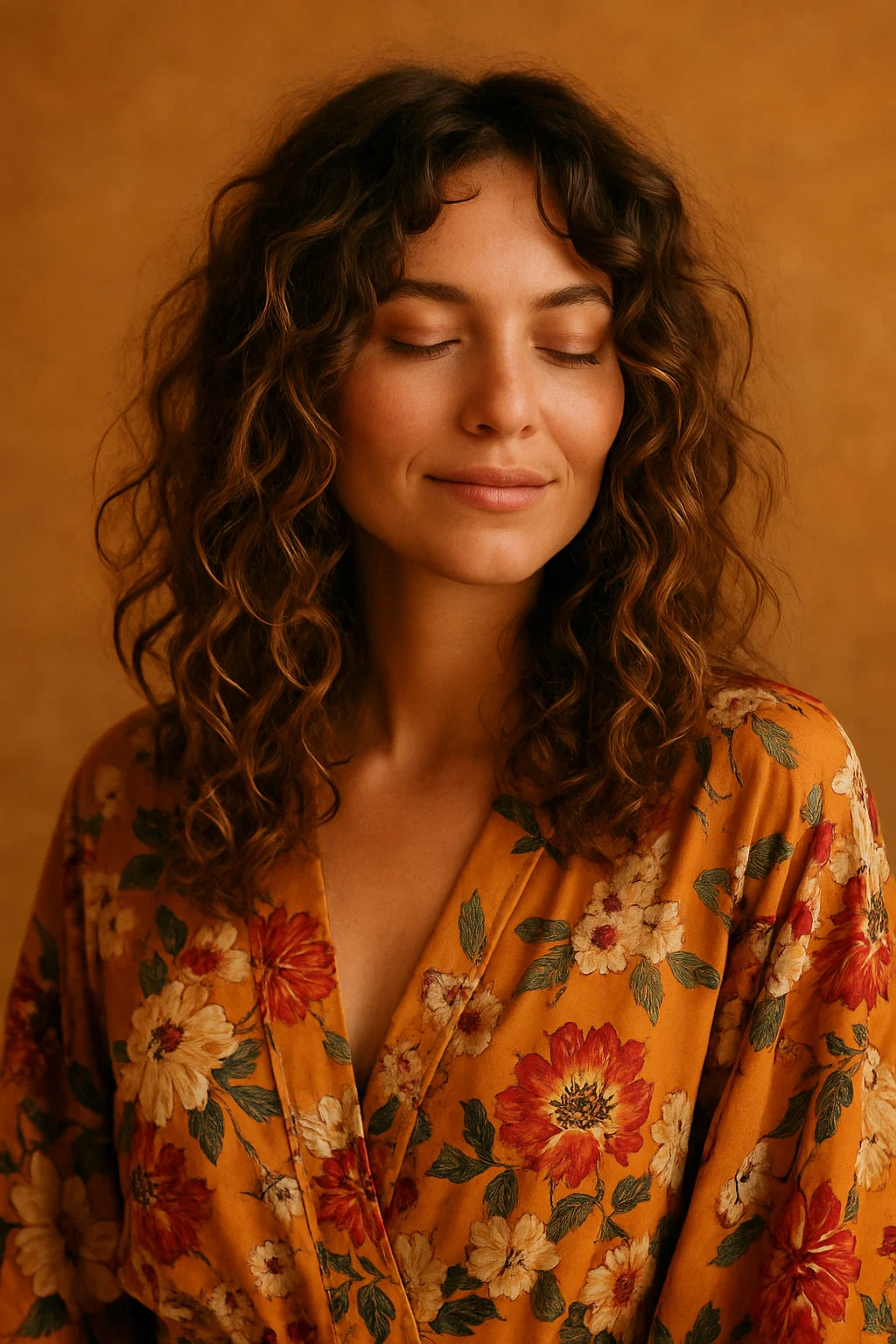 an image of a woman with bohemian-inspired curly waves, relaxed and carefree. The hairstyle should have a natural