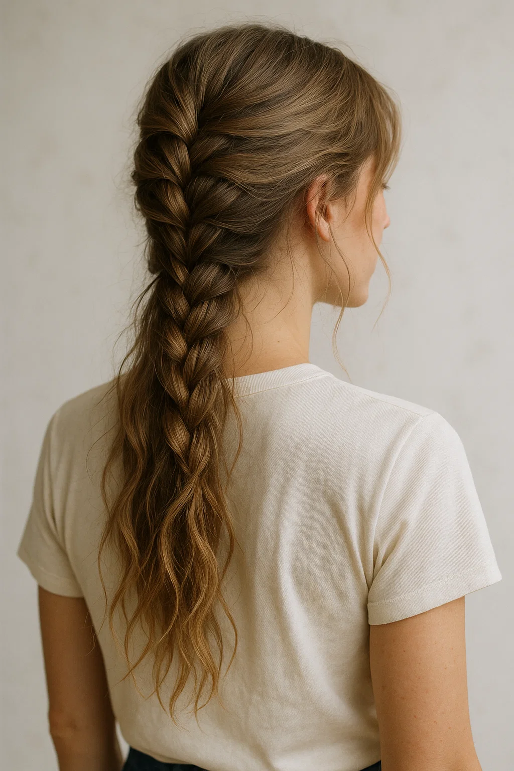 an image of a woman with her hair in a loose French braid, with the braid unraveling into soft waves.