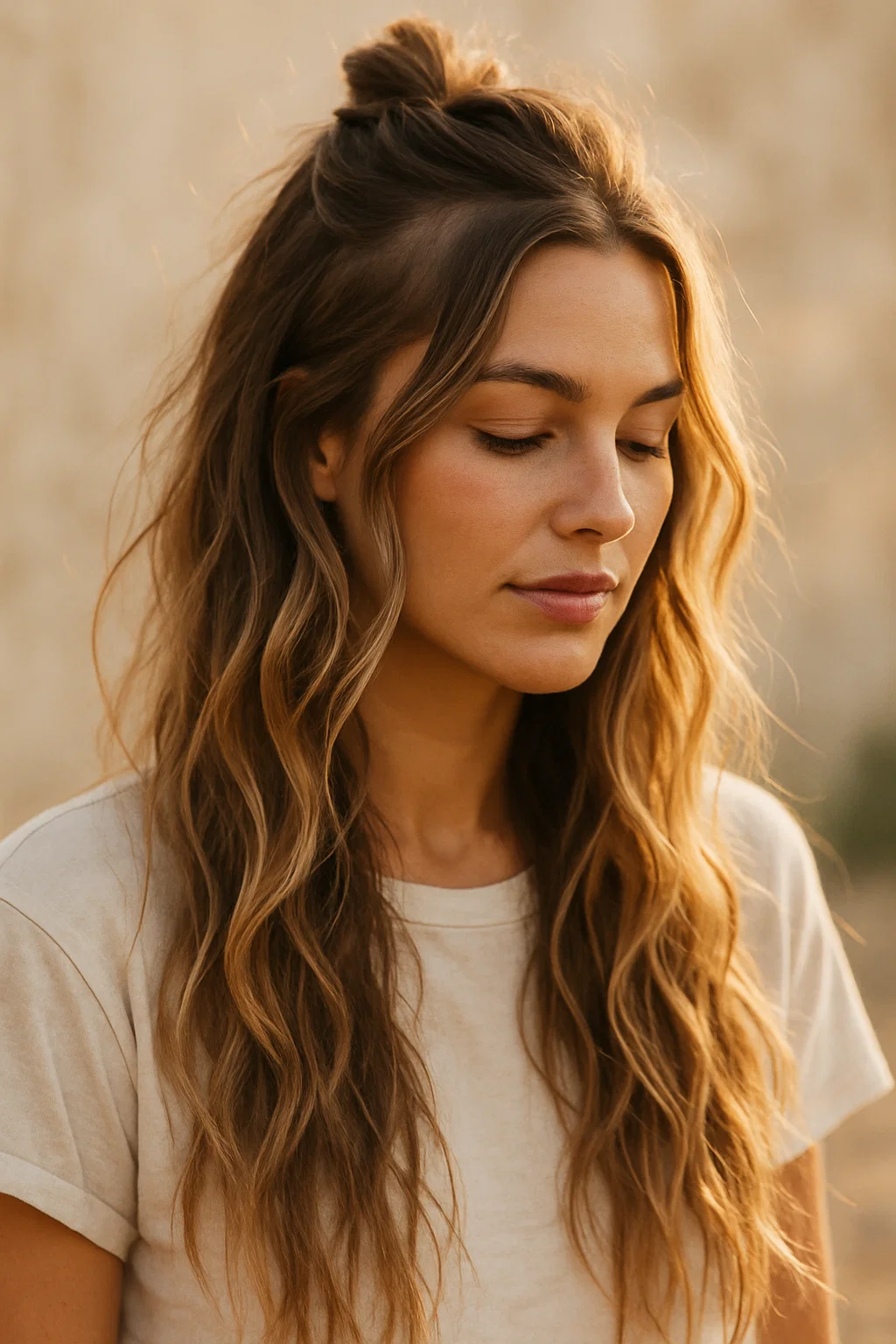 an image of a woman with long hair styled in beachy waves