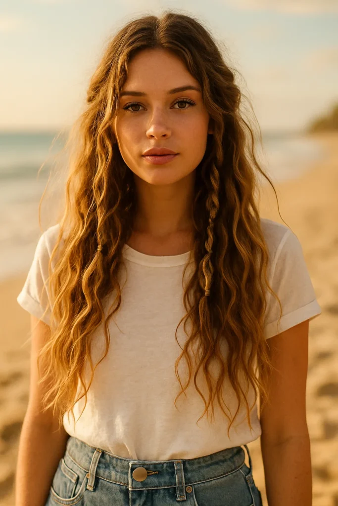 an image of a woman with long, loose waves and soft braids, embodying a bohemian, beachy vibe.