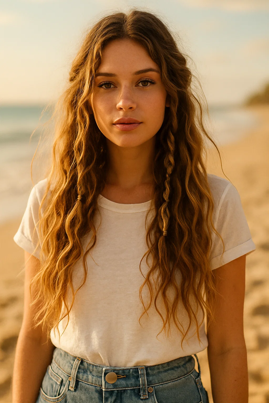 an image of a woman with long, loose waves and soft braids, embodying a bohemian, beachy vibe.