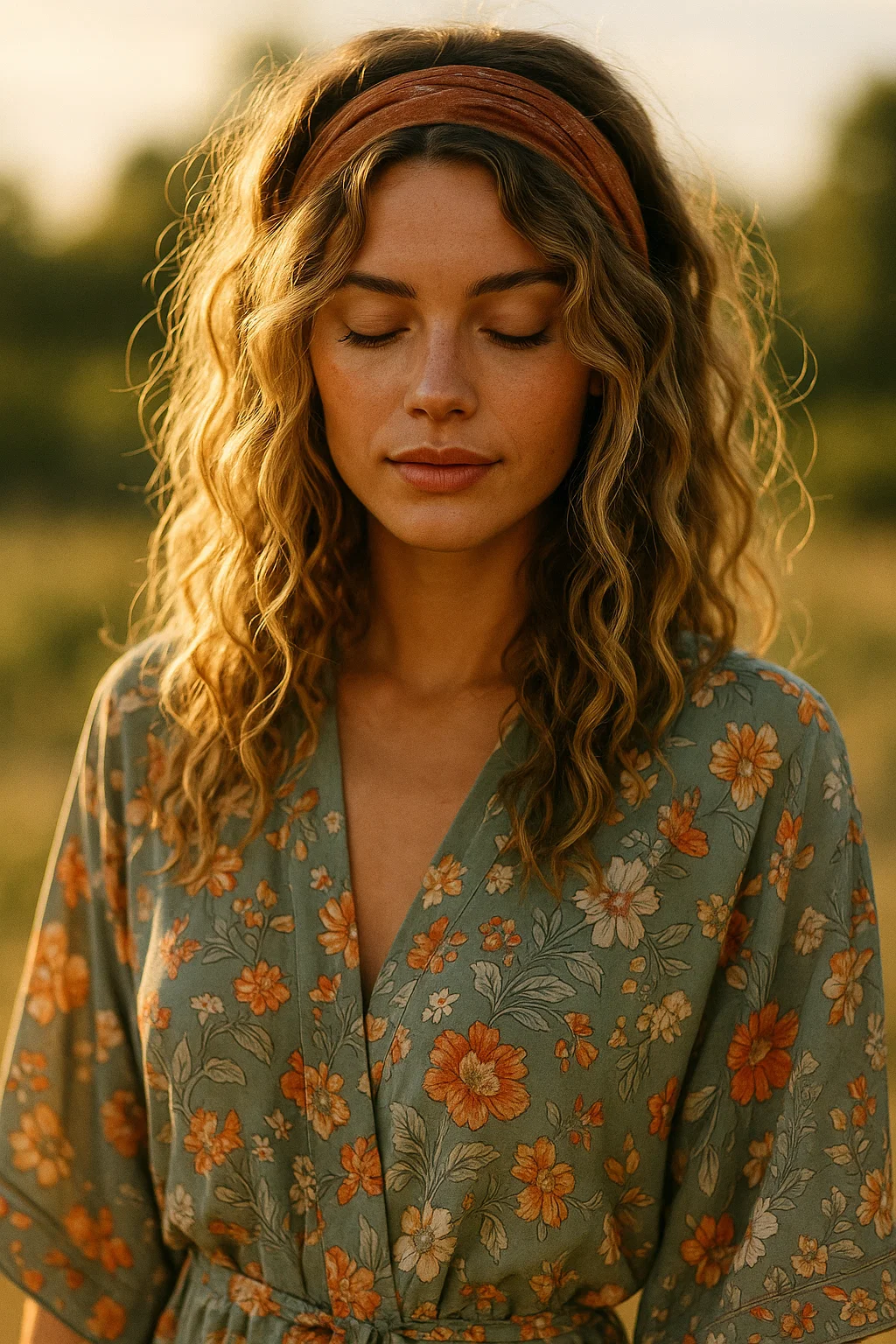 an image of a woman with loose beachy curls, accessorized with a headband