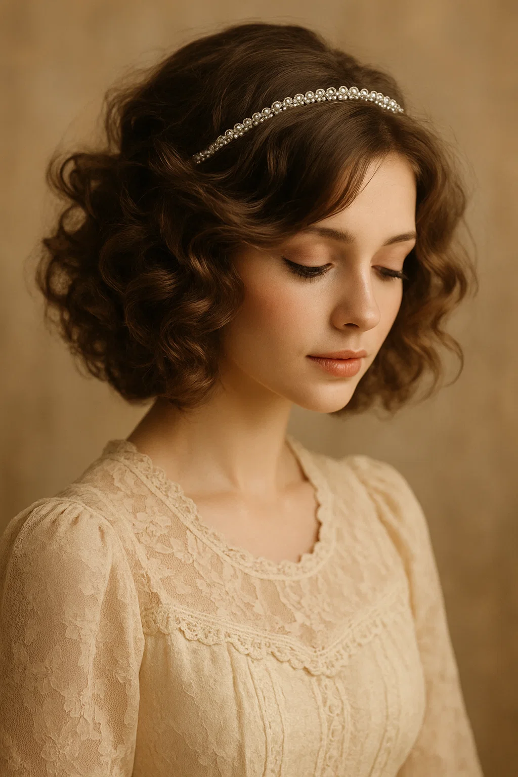 an image of a woman with loose curls paired with a delicate, sparkling headband.