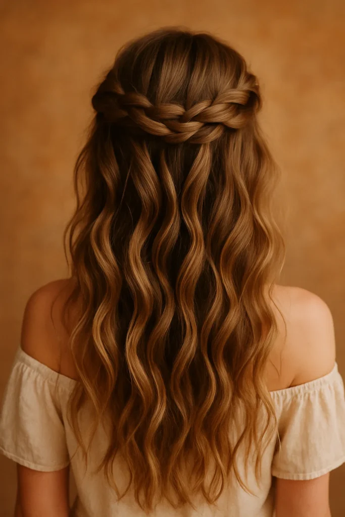 Woman with loose waves and a twisted crown braid creating a romantic, relaxed holiday look