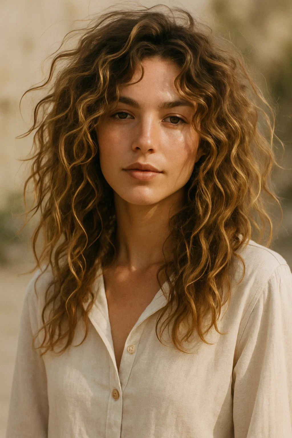 an image of a woman with naturally curly hair, styled to have volume and beachy texture
