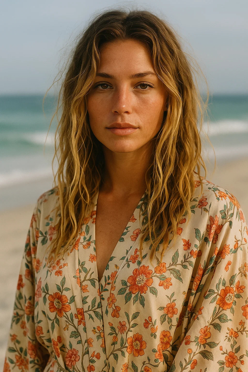 an image of a woman with naturally wavy, beachy hair, inspired by the surf