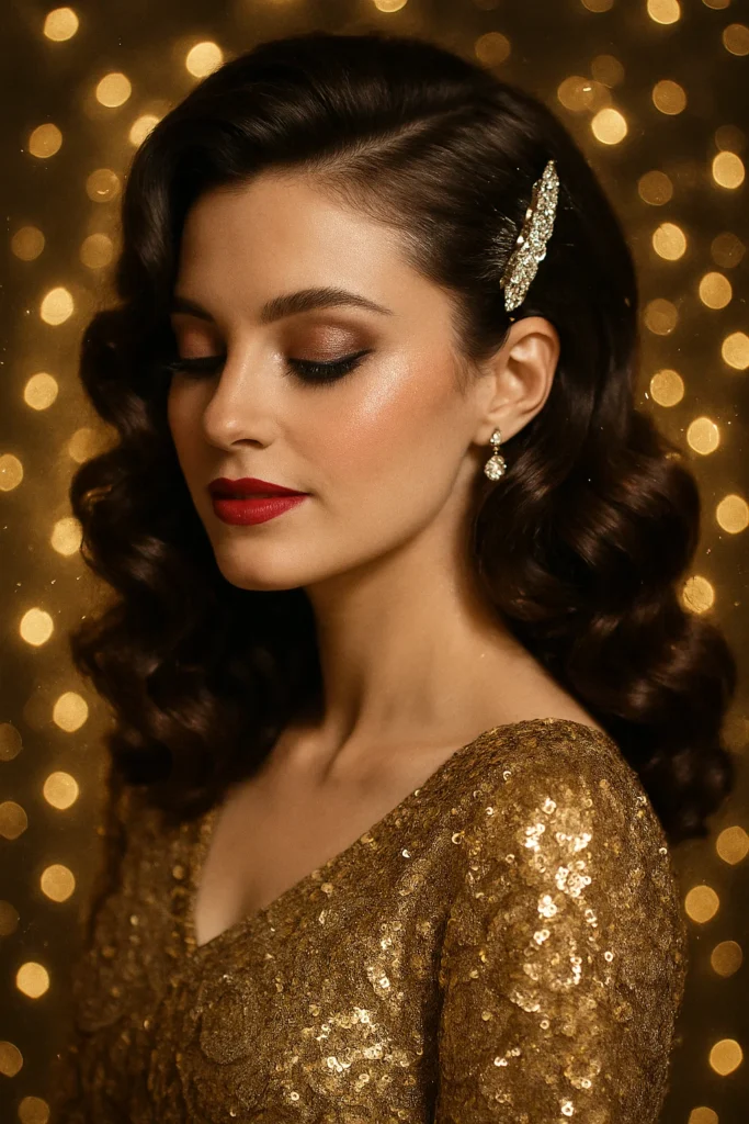 Woman with side swept curls enhanced with a sparkling glittering hair pin accessory