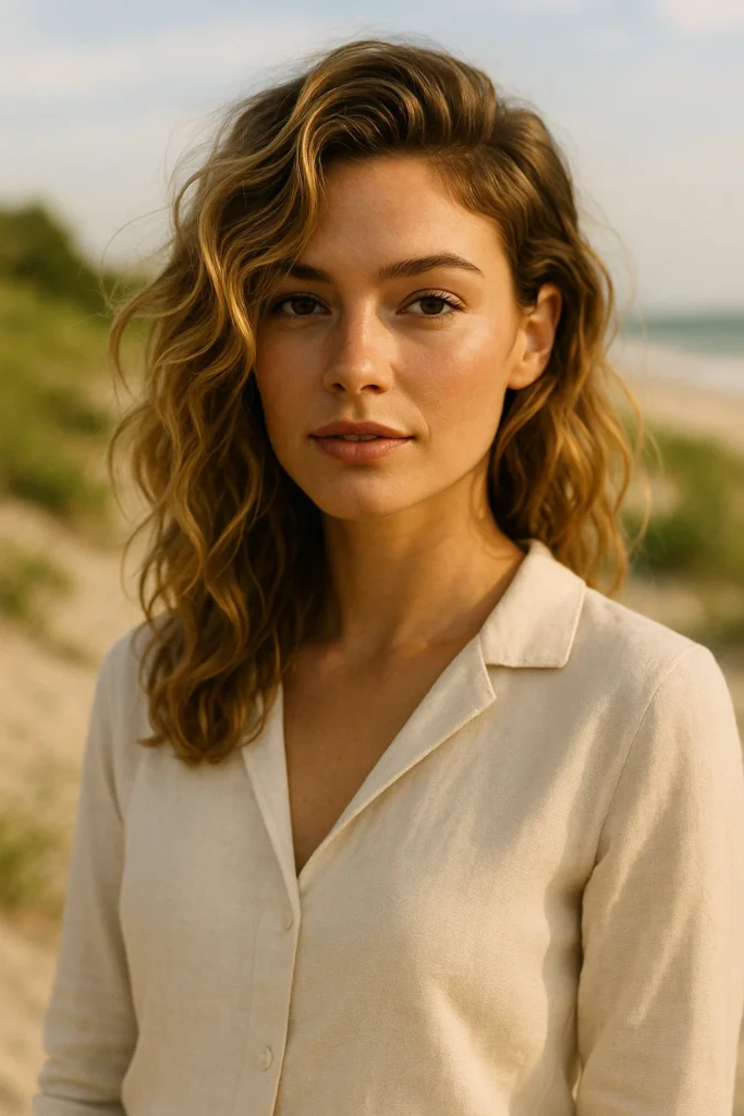 Woman with soft curls swept to one side creating a glamorous yet relaxed beachy look
